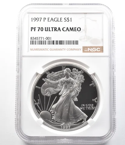 1997-P American Silver Eagle 1 Oz PF70 UCAM NGC Brown Label
