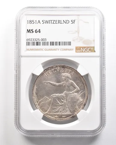 1851 A Switzerland 5 Francs MS64 NGC *6495