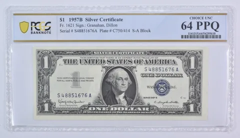 1957 B $1 Silver Certificate Fr#1621 Choice Unc 64 PPQ PCGS