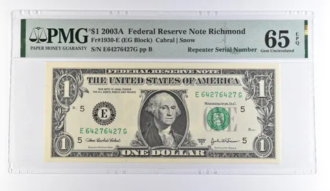 2003 A $1 Richmond VA FRN Repeater S/N Fr#1930-E Gem Unc 65 EPQ PMG *9501
