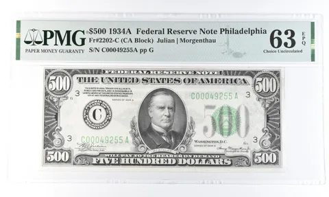 1934 A $500 Philadelphia PA FRN Fr#2202-C Choice Unc 63 EPQ PMG a0830