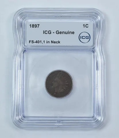 Error 1897 Indian Head Cent FS-401 1 In Neck Genuine ICG *9248