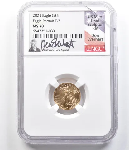 2021 $5 American Gold Eagle Type 2 Don Everhart 1/10 Oz MS70 NGC *4867