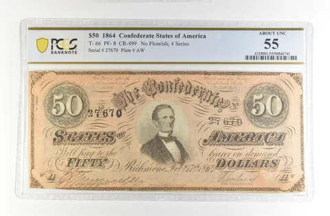 1864 $50 Confederate States America Large Note T-66 PF-8 CR-499 AU 55 PCGS *4217