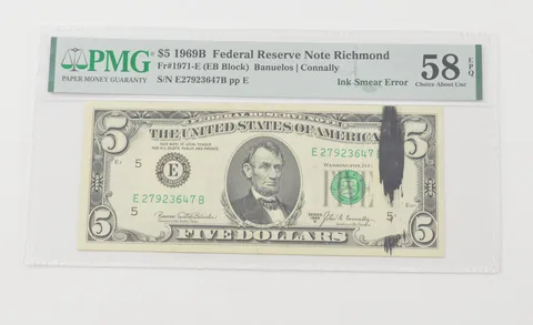 Choice AU 58 EPQ 1969-B $5 FRN Richmond FR#1971-E Ink Smear Error PMG a6568