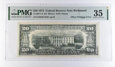 1974 $20 Richmond VA FRN OffPrinting Error Fr#2071-E Choice VF 25 PMG *9467