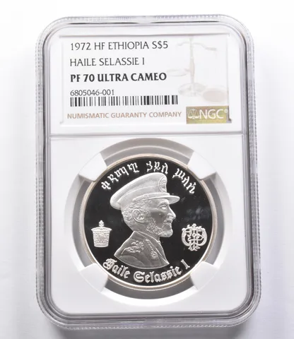 PF70 UCAM 1972 HF Ethiopia 5 Dollars .999 Silver Haile Selassie I NGC a2913