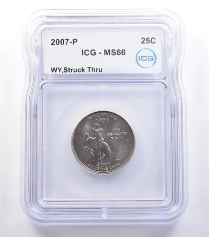 2007-P Washington State Quarter Wyoming Mint Error Struck Thru MS66 ICG *9587