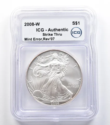 2008-W Burnished Silver Eagle Reverse 2007 Mint Error Strike Thru ICG *9586