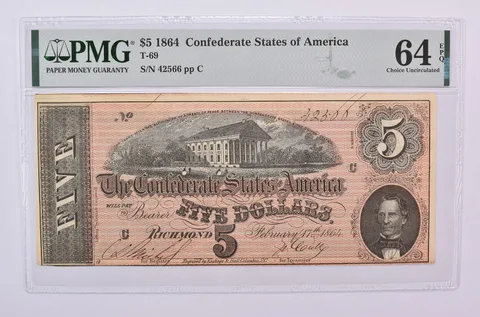 1864 $5 Confederate States Of America T-69 Choice Unc 64 EPQ PMG