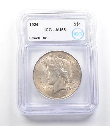 1924 Peace Silver Dollar Mint Error Struck Thru AU58 ICG a2347