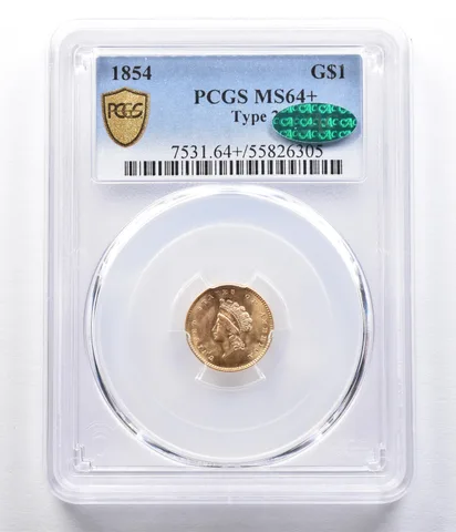 1854 $1 Indian Princess Head Gold Dollar Piece Type 2 MS64+ PCGS CAC *2337