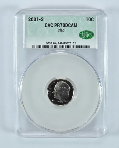 2001-S Roosevelt Dime CLAD PR70 DCAM CAC CACg
