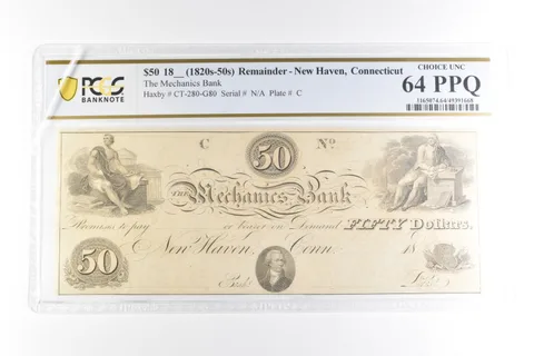 1860s $50 Remainder New Haven CT Mechanics Bank Choice Unc 64 PPQ PCGS *2103