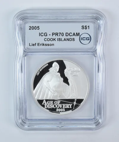 2005 Cook Islands 1 Dollar Silver Leif Eriksson 1 Oz PR70 DCAM ICG a5822