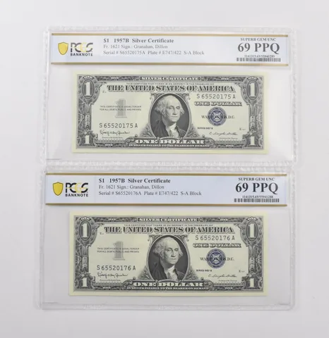 (2) 1957 B $1 Silver Certificate Fr#1621 Gem Unc 69 PPQ PCGS Consecutive *6922