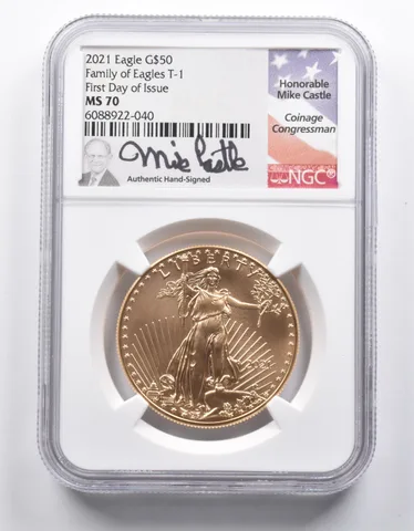 MS70 2021 $50 American Gold Eagle 1 Oz FDOI Family Eagles T1 Castle NGC *0953