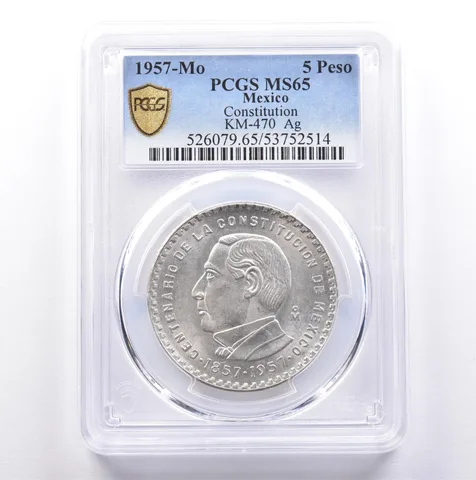 1957 Mo Mexico 5 Pesos Silver Constitution KM-470 MS65 PCGS *9053