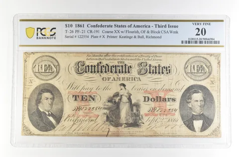 1861 $10 Confederate States Large Note T-26 PF-21 CR-191 VF 20 PCGS *4155