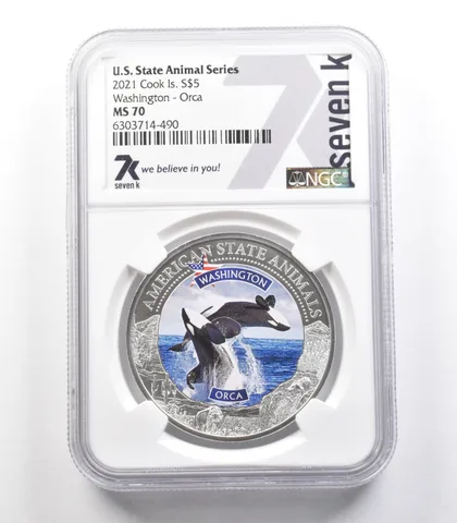 2021 Cook Islands $5 Silver US State Animals Washington Orca MS70 NGC a2534