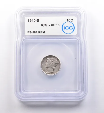 1940-S Mercury Dime FS-501 RPM VF35 ICG *9721