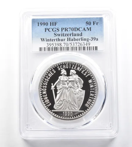 1990 HF Switzerland 50 Francs Haberling PR70 PCGS Shooting Medal *7679