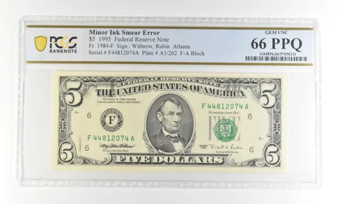 1995 $5 FRN Atlanta GA Fr#1984-F Minor Ink Smear Error Gem Uc 66 PPQ PCGS *4233