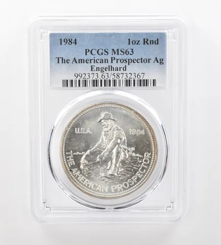 1984 Engelhard 1 Oz Silver American Prospector MS63 PCGS Nice Tone Reverse *1009