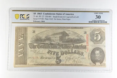 1863 $5 Confederate States America T-60 PF-27 CR-464 Very Fine 30 PCGS *4511
