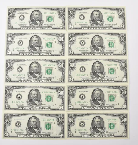 Lot (10) 1969 $50 Boston, MA US FRN Consecutive Notes 2114-A Fr a9730