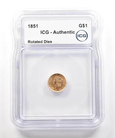 1851 $1 Liberty Head Gold Dollar Rotated Dies Authentic ICG *4272