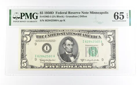 PMG 65 Gem Unc EPQ 1950 D $5 Minneapolis, MN US FRN Green Seal Fr#1965-I a1016