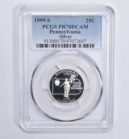1999-S Silver Pennsylvania Quarter PR70 DCAM PCGS Blue Lbl