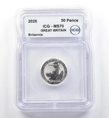 2026 Great Britain 50 Pence Silver Britannia MS70 ICG 1/4 Oz .999