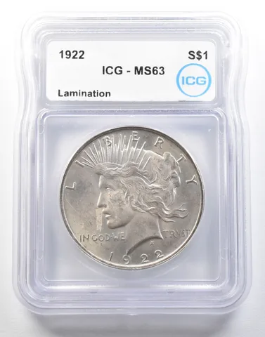 ERROR 1922 Peace Silver Dollar Lamination MS63 ICG Snot Rocket *0120