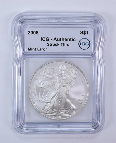 2008 American Silver Eagle Mint Error Struck Thru Authentic ICG