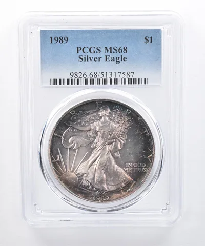 1989 American Silver Eagle MS68 PCGS Blue/Purple Tone *8277