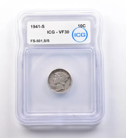 1941-S Mercury Dime FS-501, S/S VF30 ICG *9697