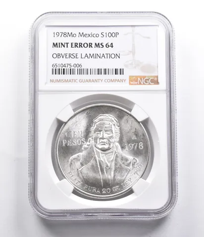 MS64 Mint Error 1978 Mo Mexico 100 Silver Pesos OBV Lamination NGC *4022