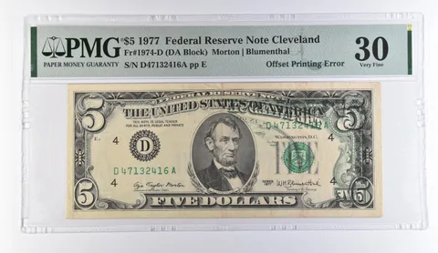 1977 $5 Cleveland OH FRN OffPrinting Error Fr#1974-D VF 30 PMG *9449