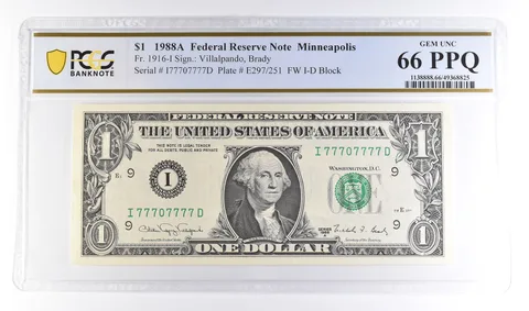 1988 A $1 Minneapolis FRN Fr#1916-I Unc 66 PPQ PCGS Near Solid 7 Serial *6129