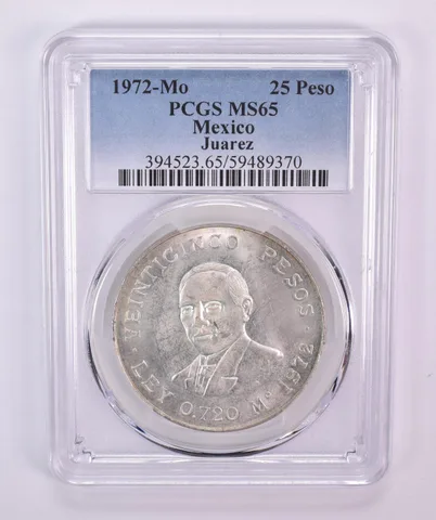 1972 Mo Mexico 25 Pesos Silver Juarez MS65 PCGS Blue Label