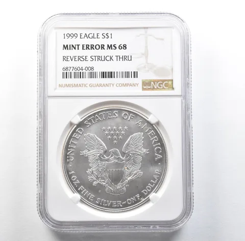 1999 American Silver Eagle Mint Error Reverse Struck Thru MS68 NGC *3119