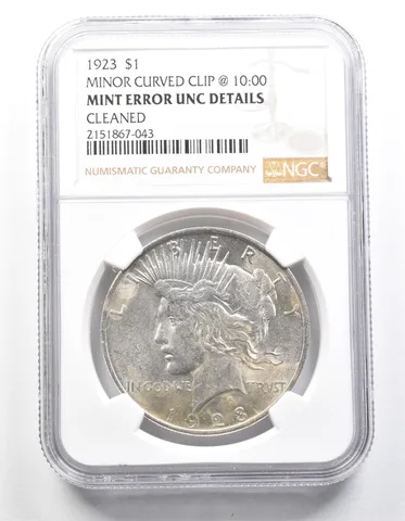 1923 Peace Silver Dollar Mint Error Minor Curved Clip @ 10:00 Det NGC a1304
