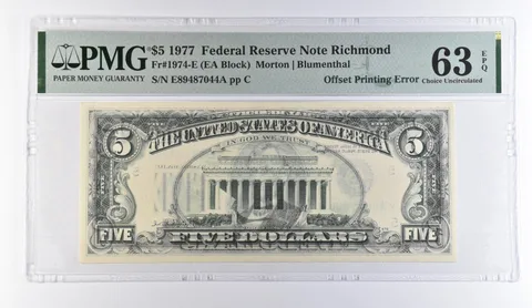 1977 $5 Richmond VA FRN OffPrinting Error Fr#1974-E Choice Unc 63 EPQ PMG *9451