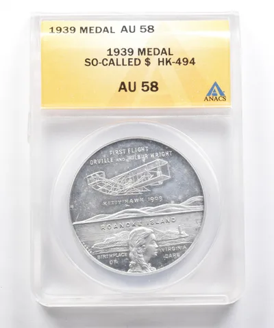 1939 Medal Roanoke Island So-Called Dollar HK-494 AU58 ANACS a9675