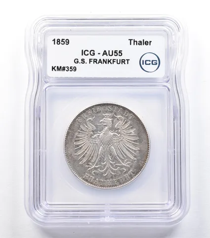 1859 German States Frankfurt Thaler KM#359 AU55 ICG *1838