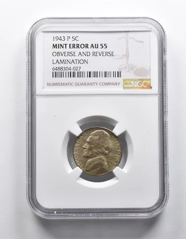 Mint Error AU55 1943-P Jefferson Nickel OBV & REV Lamination NGC *1869