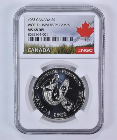 1983 Canada $1 Silver World University Games MS68 DPL NGC Canada Label