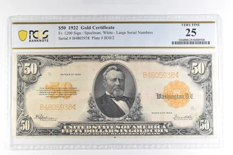 1922 $50 Gold Certificate Fr#1200 Large Serial Numbers Very Fine 25 PCGS *5010